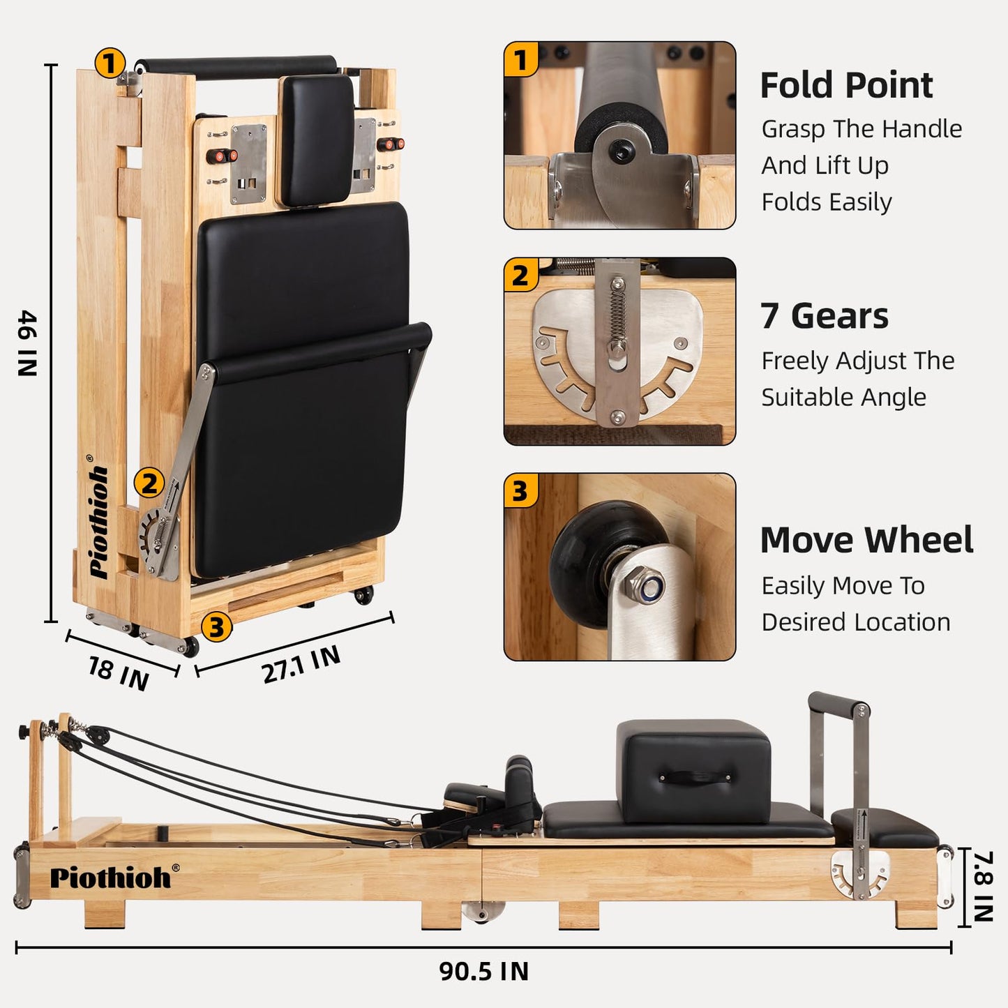 Foldable Wooden Pilates Reformer Machine - Oak Frame Home Studio Equipment with Jump Board, Sitting Box & 12 Adjustable Springs | Professional Grade Full Body Low-Impact Workout, 600 lbs Capacity