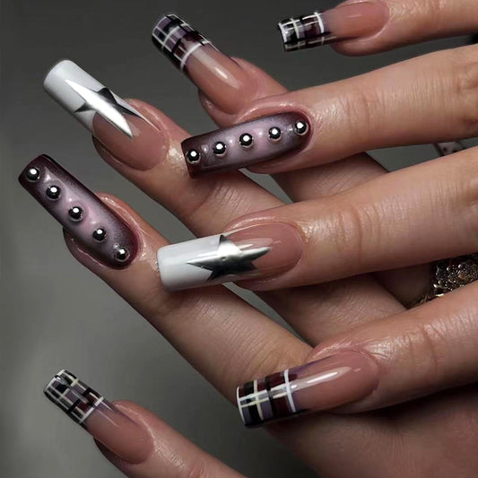 MISUD Press on Nails - Long Square Fake Nails with Goth Purple Ombre, Acrylic Y2K Star Charms Design 24 pcs