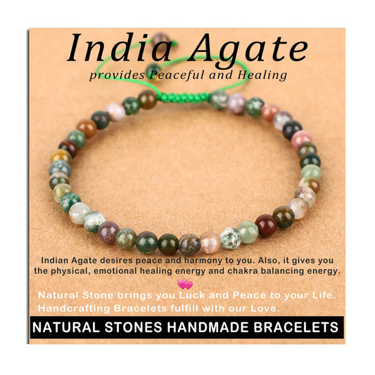AD Beads 4mm India Agate - Peaceful - Handmade Natural Stone Crystal Bracelet with Adjustable Macrame String - Yoga Healing Power Energy Gifts for Men and Women