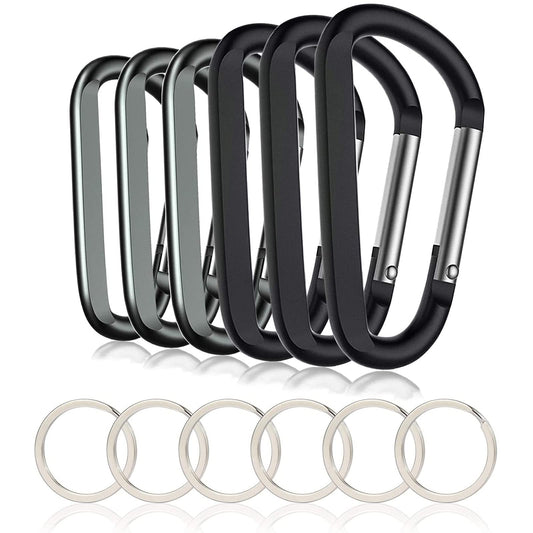 CampTek 6PCS Carabiner Caribeaner Clip,3" Large Aluminum D Ring Shape Carabeaner with 6PCS Keyring Keychain Hook (Black + Grey)