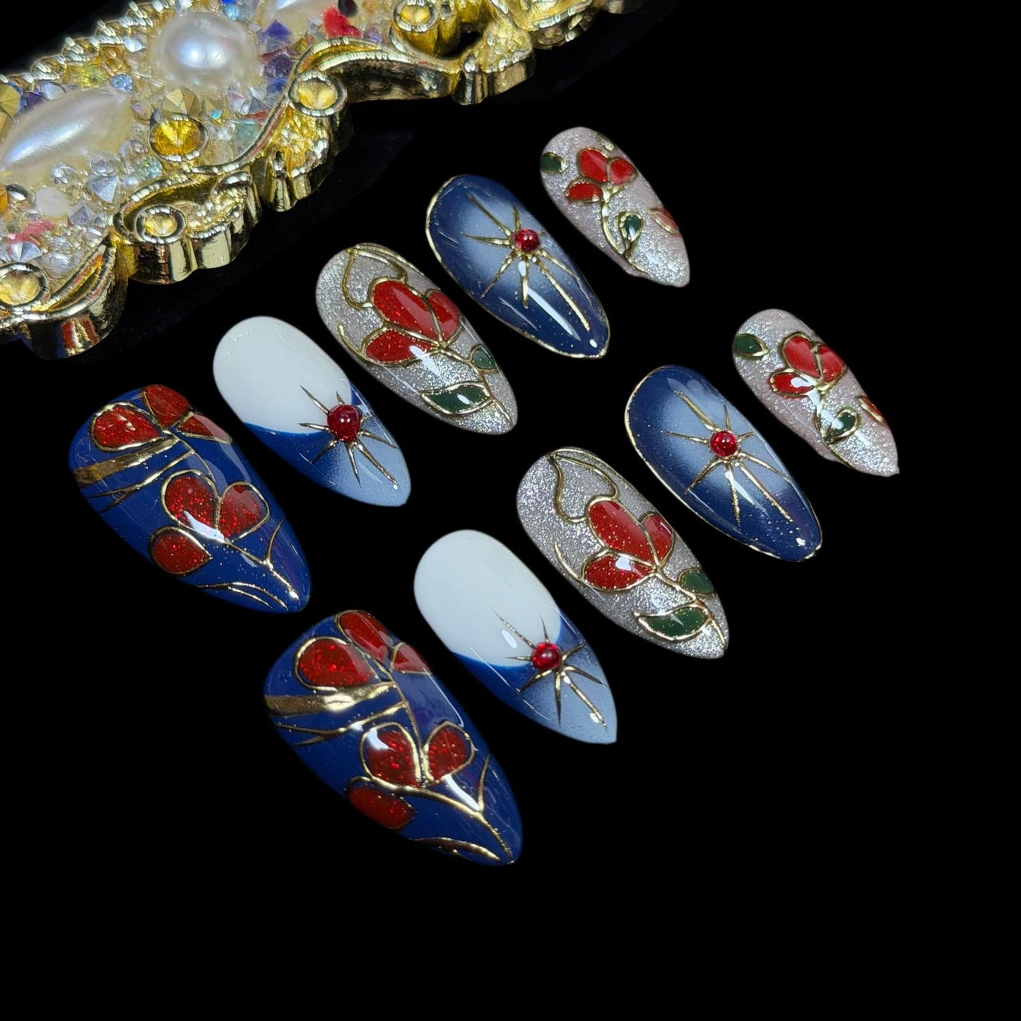 Handmade Press On Nails, Medium Almond Hand-Painted Floral Design, Luxury Blue & Red Art with Gold Outline Design, Reusable Acrylic Fake Nails Set Enamel (S)