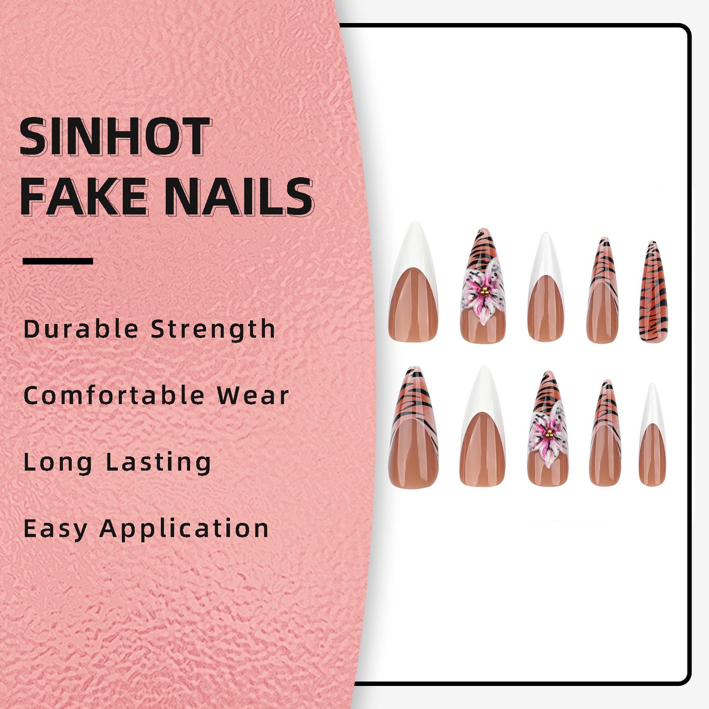 SINHOT Stiletto Press on Nails Long Fake Nails Glossy Glue on Nails Zebra Stripes Acrylic Nail 3D Flower Almond Artificial Nail White French Tip Stick on False Nail with Design 24 pcs