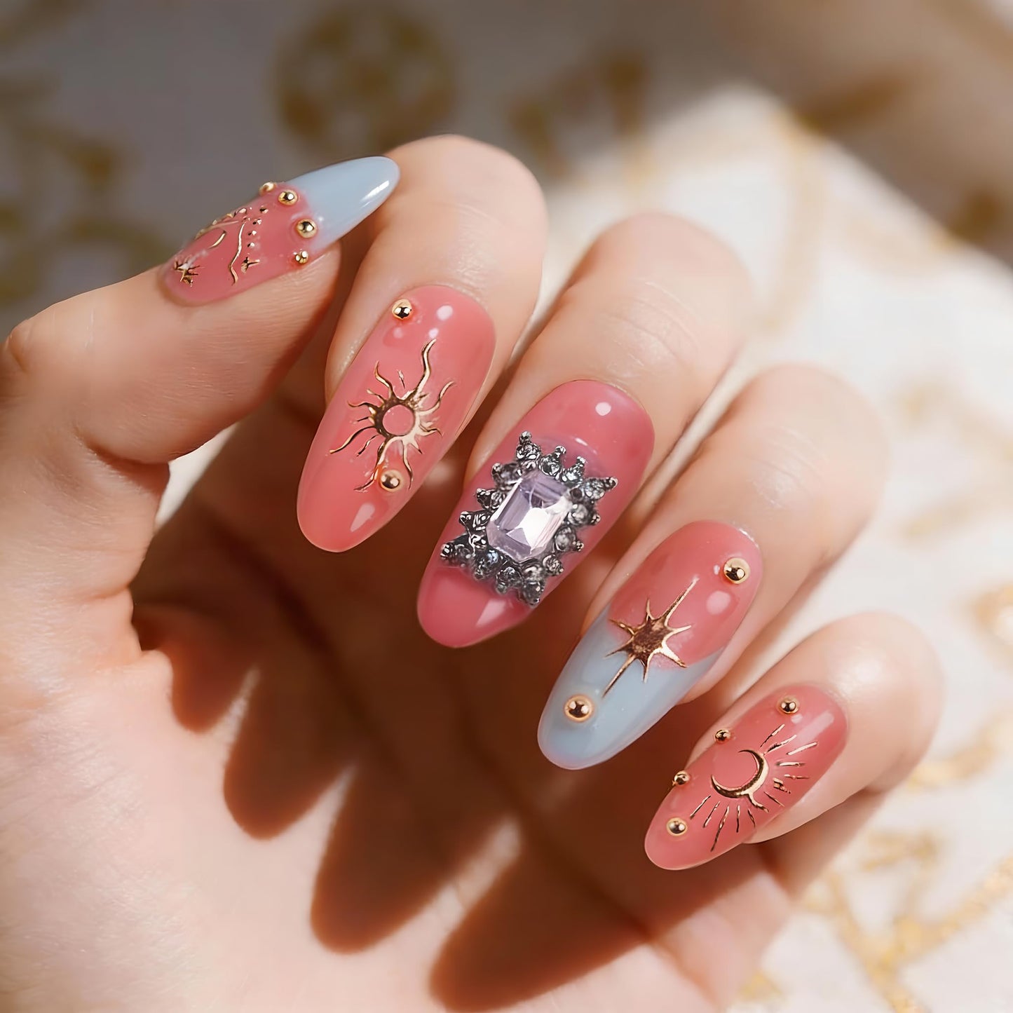 24Pcs Handmade Press on Nails, 3D Coral Pink Fake Nails with Medium Length Almond, Cute Blue French Tips Manicure Kit with Gold Lines for Women