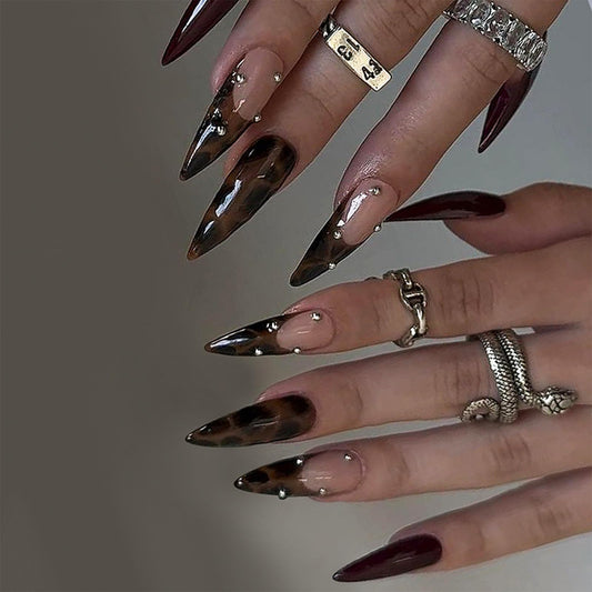 SINHOT Stiletto Press on Nails Long Fake Nails - Glossy Finish, Leopard Print & Brown Design, DIY Artificial False Nail Art - 24 Pcs Nail Kit with Glue