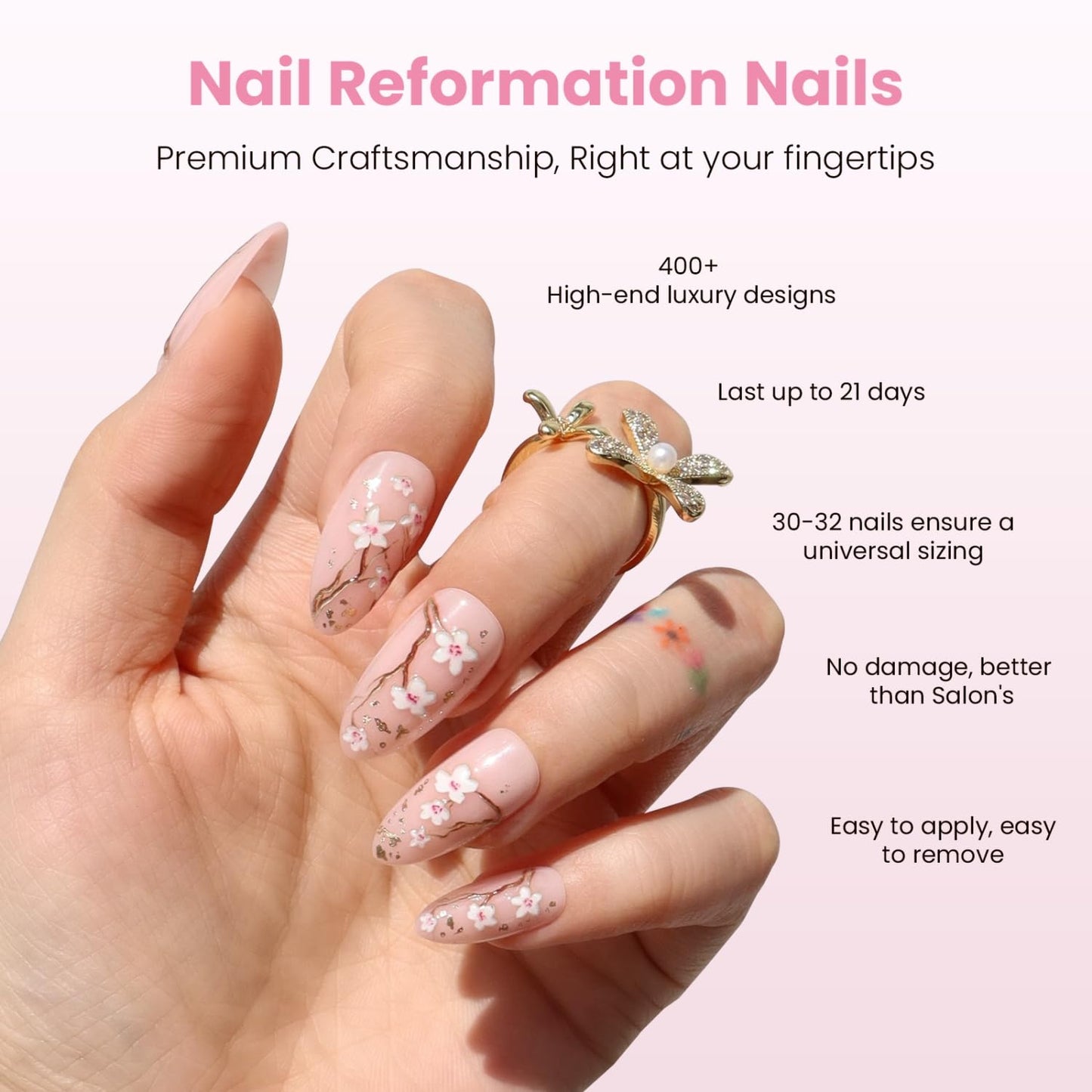 Nail Reformation Press On Nails, Soft Sakura | Floral Medium Almond Fake Nails with Gold Flecks on Sheer Nude Base, Salon Quality, Reusable Stick On Nails in 15 Sizes - 30 Nail Kit, Gifts for Women