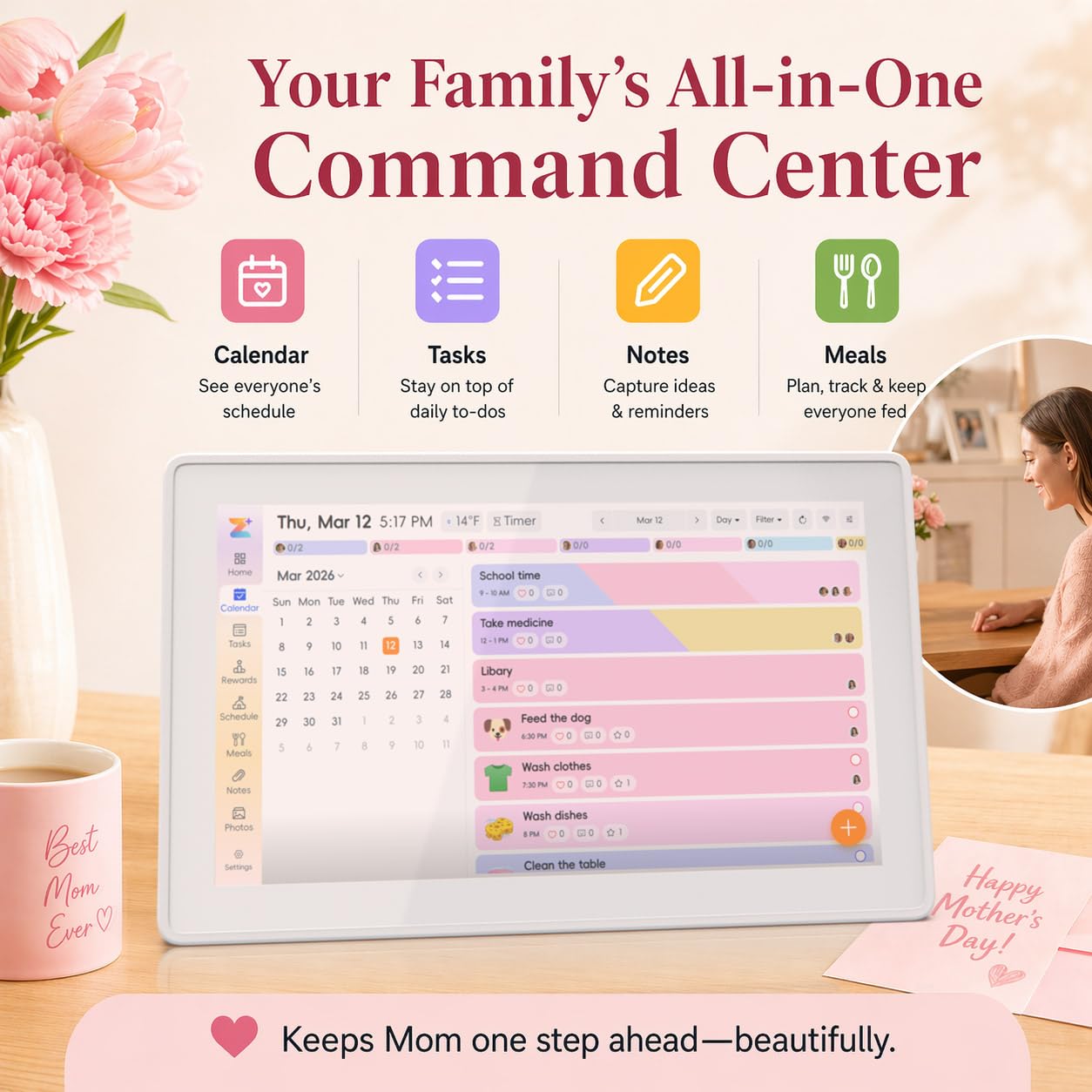 OWNCOZY 15.6 Inch Wall Planner Digital Calendar & Chore Chart, Smart Touchscreen Interactive Family Schedule Display with Electronic Photo Album, Wall-Mounted Smart Home Organizer for Daily Tasks, Appointments & Photo Slideshow, White