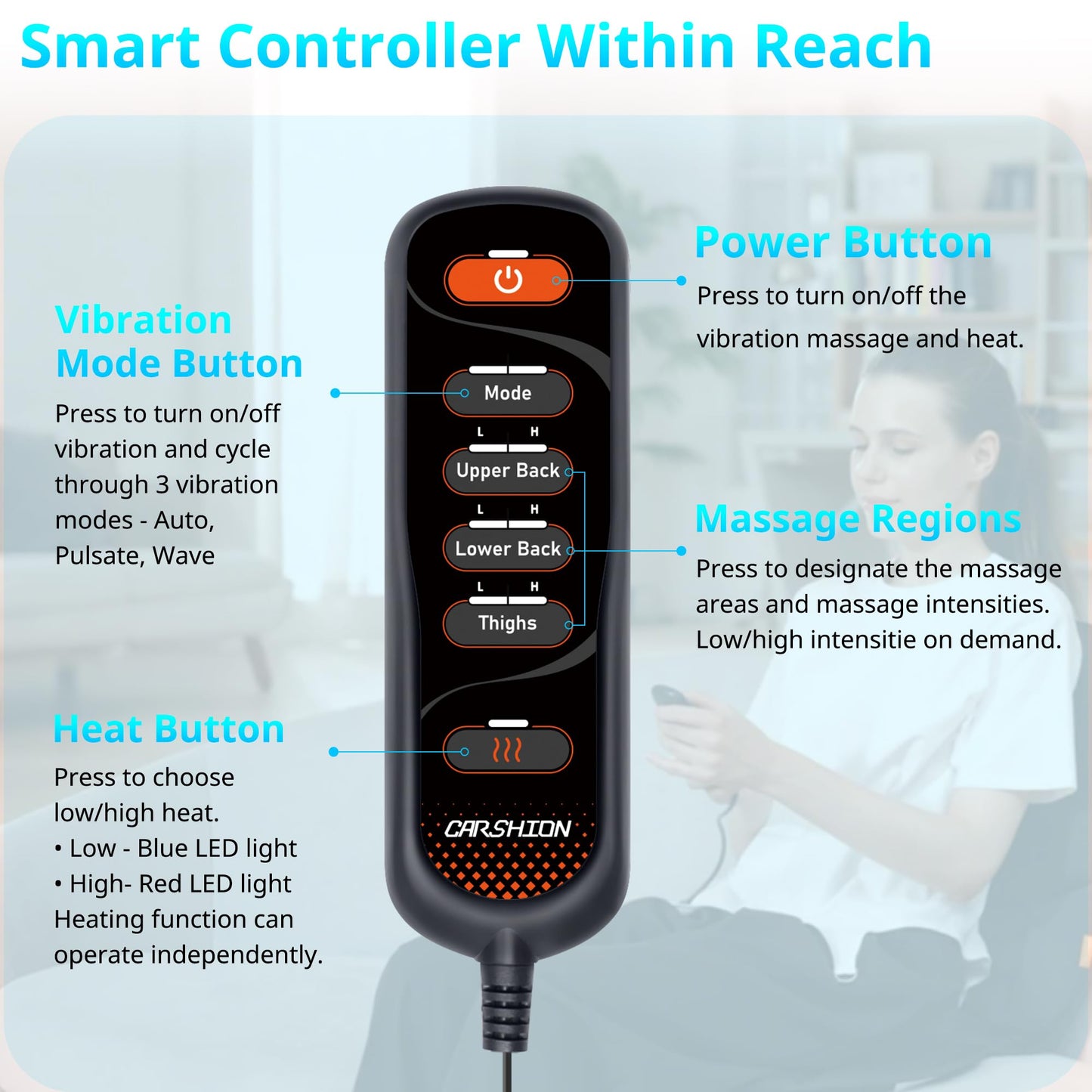 CARSHION Massage Seat Cushion with Heat,Back Massager for Chair Back Massager Heated Seat Cover Massage Chair Pad for Pain Relief Home Office Use
