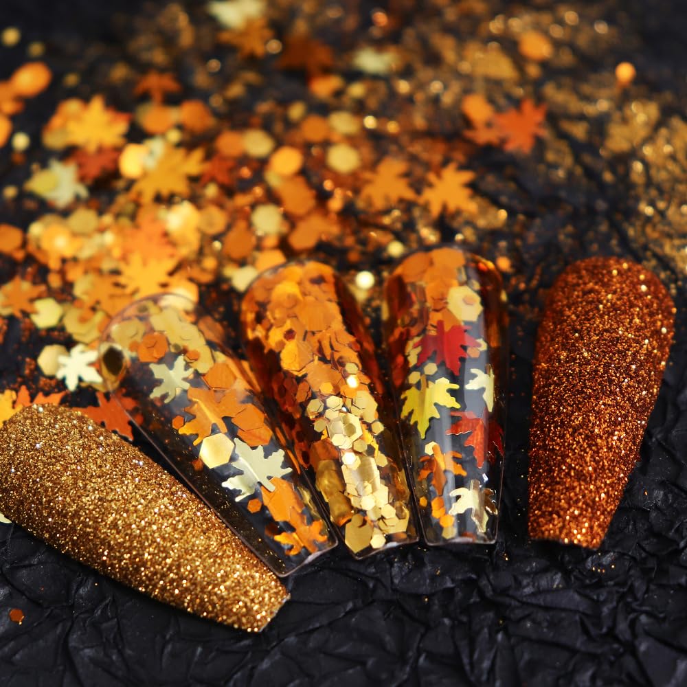 6 Box Maple Leaf Nail Art Glitter Fall Nail Sequins Flakes with Golden Leaves Design Manicure Fine Glitter Powder Autumn Nails Stickers Decals Supplies Nails Charms for Women Girls Decoration