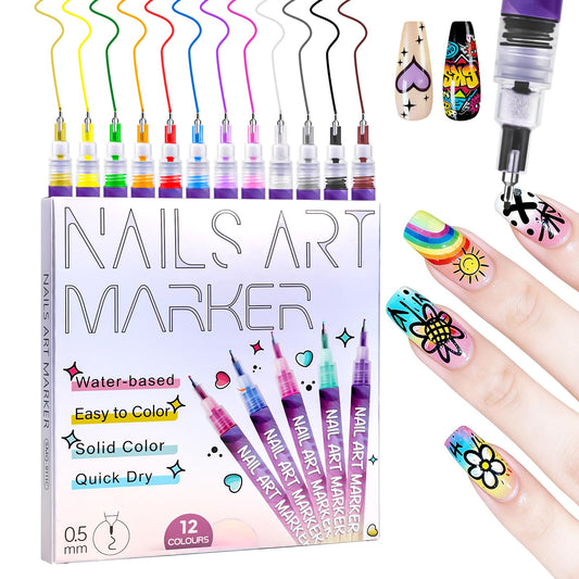 Nail Art Pens for Painting Nails, 0.5mm Nail Art Markers Fine Nib, 12 Colors 3D Nail Paint Pens , Nail Pens for Nail Art Suitable for Girls and Beginners, Great Coverage, Quick Dry, Waterproof
