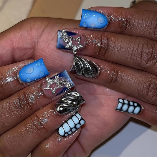 3D Press On Nails - Short Square Metal Stars Chain Design False Nails - Full Cover Blue Smudge Artificial Acrylic Coffin Nails - Reusable Glue On DIY Stick On Nails for Women - 24 Pcs