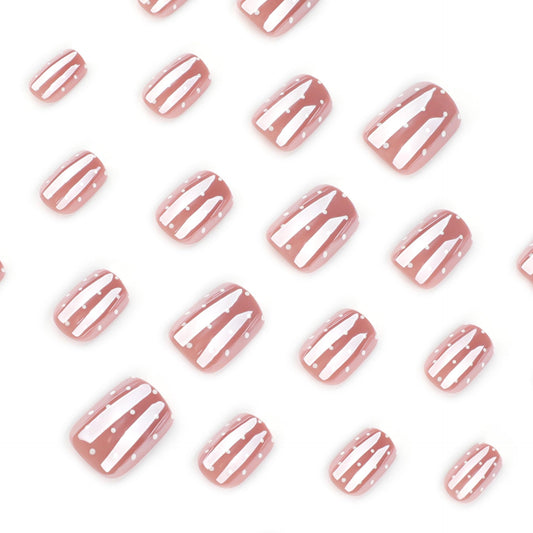 Chrome Polka Dot Press on Nails Short Square Fake Nails with White Polka Dot Designs Nude Pink Gradient Full Cover Stick on Nails Cute Nails Press ons Glossy Reusable Nails Daily Wear 24Pcs