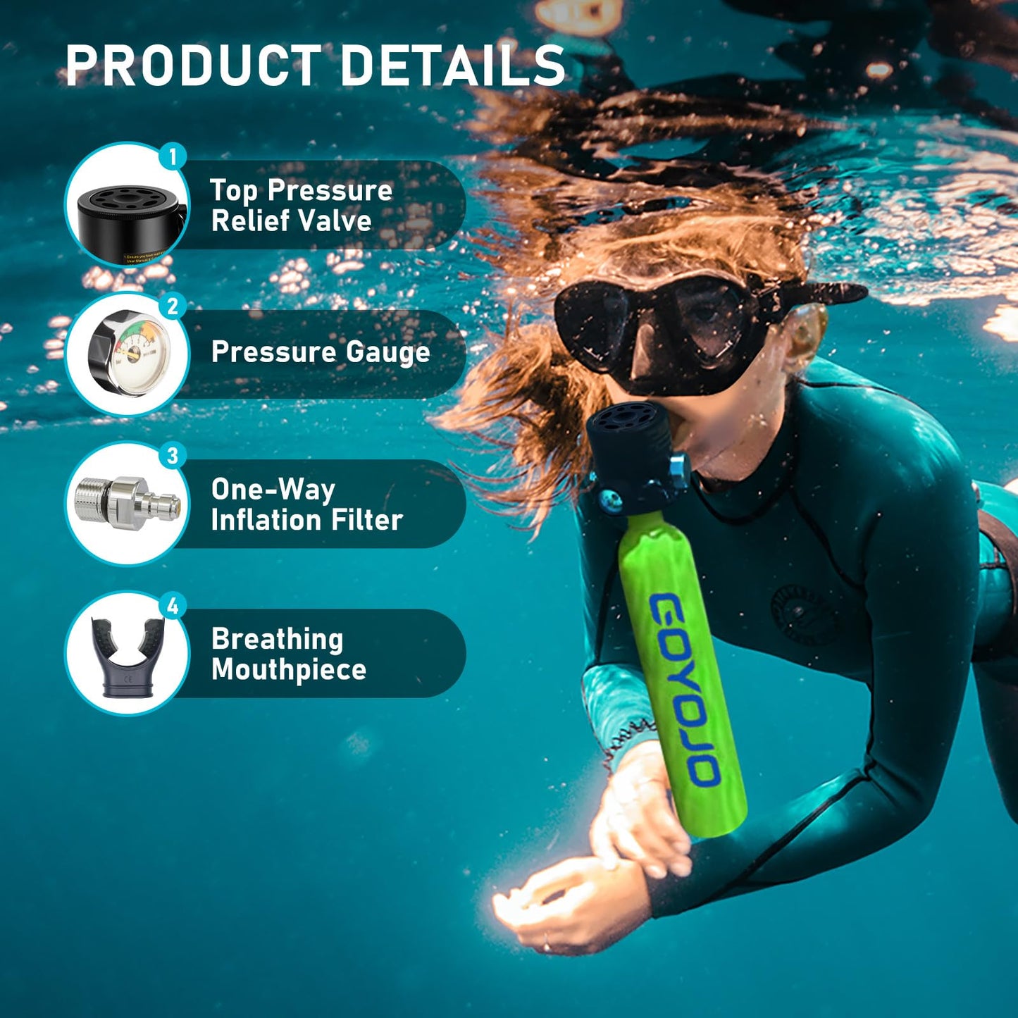 GOYOJO 0.5L Mini Scuba Tank with Pump, Portable Diving Tank, Lung Tank Kits with 3000 PSI Max Pressure, Reusable Scuba Diving Kit Gear with Pump Underwater Breathing Training (Green)