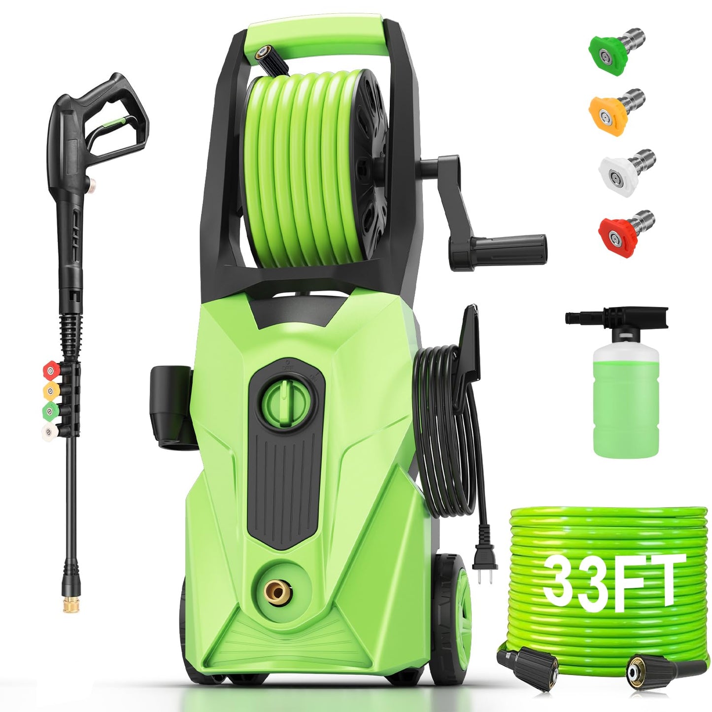 Commowner Pressure Washer 5001PSI Power Washers Powered with 33ft Pressure Hose, 4 Nozzle and Foam Cannon, powerwashers for Home, Cars, Fences, Patio, Green