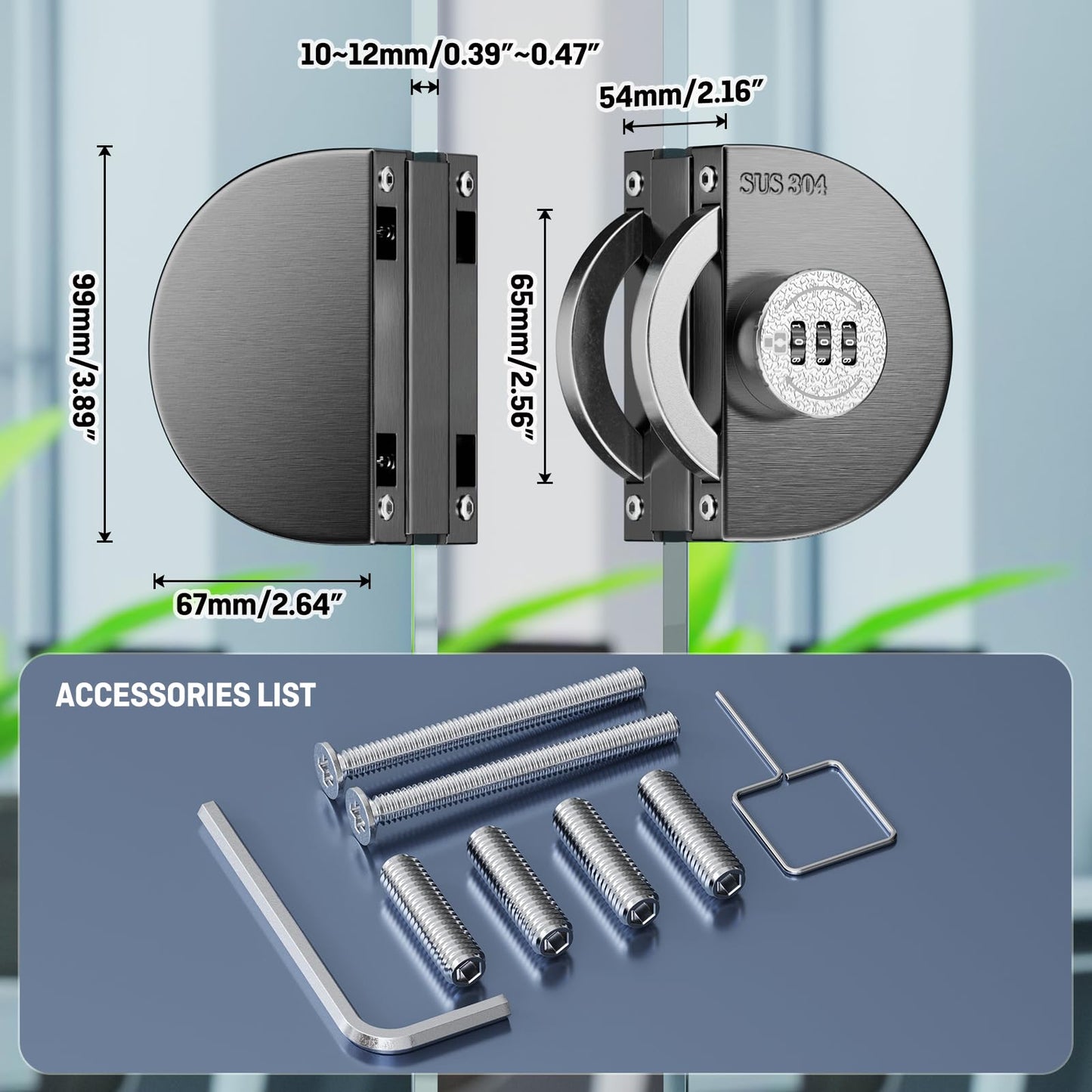 Ranbo Frameless Mechanical Combination Glass Door Lock, No-Drill Installation, Fits 3/8''–1/2'' Thick Tempered Panels, Brushed Black Finish, for Double Swing Glass Doors, Home & Commercial Use