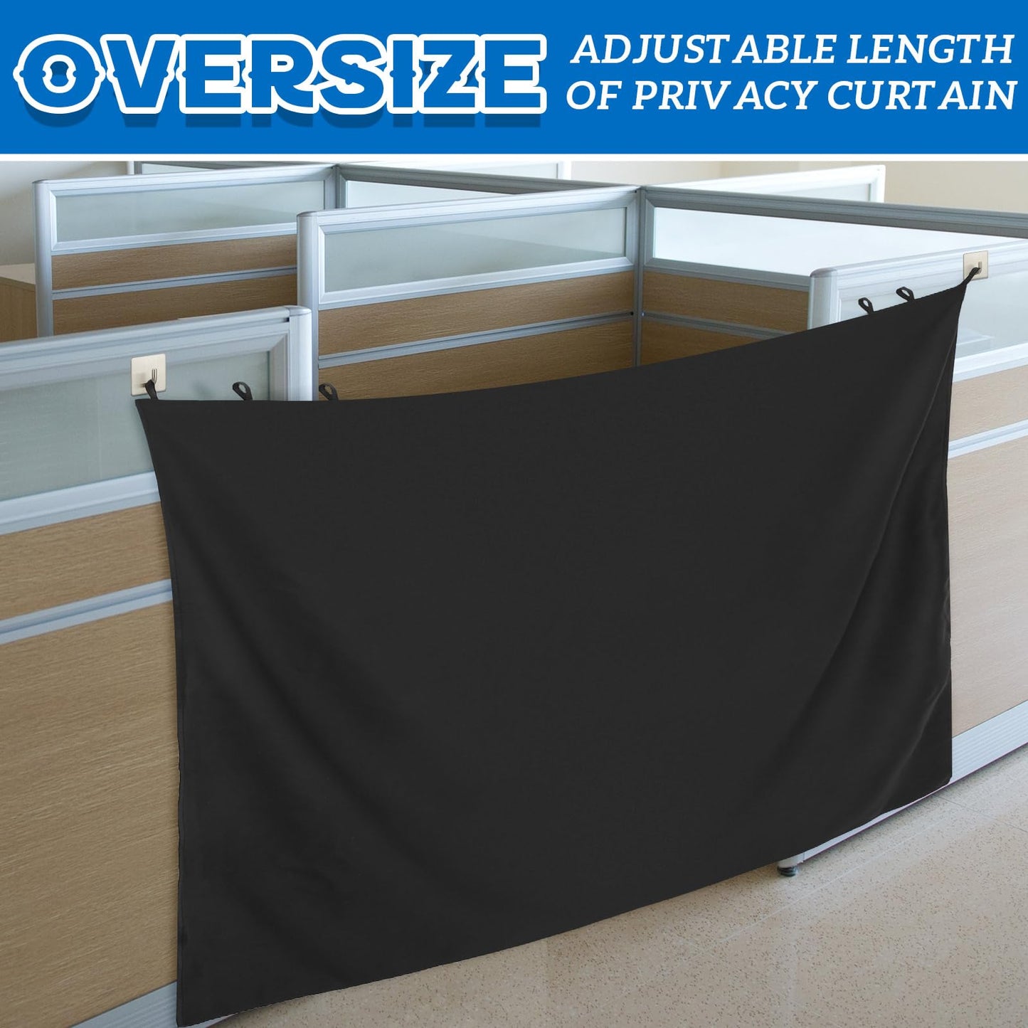 Pinkunn 60 x 53 Inch Black Adjustable Office Cubicle Curtain with Stainless Steel Self Adhesive Hook Extra Large Portable Privacy Door Partition Room Office Divider