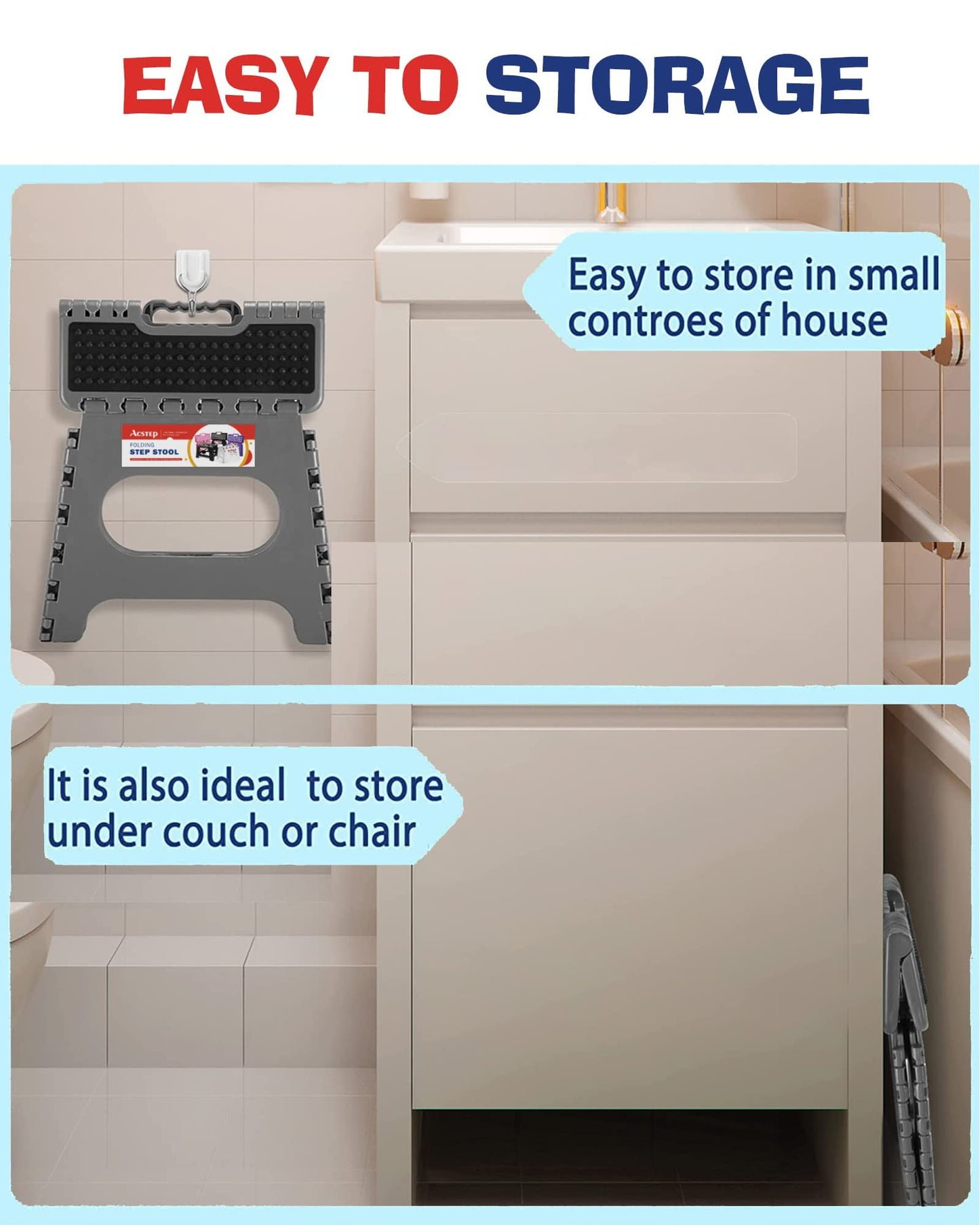 ACSTEP Folding Step Stool 9 inch Height Non-Slip Plastic Step Stools for Kids and Adults, Kitchen Collapsible Fold Up Small Stepping Stool Grey,1 Pack