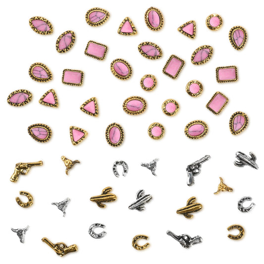 50 PCS Western Nail Charms - Pink Turquoise Nail Gems Stone 3D Vintage Western Art, Retro Pink Marble Cowgirl Charms Gems Metal Gold Silver Art Jewelry Gifts for Women DIY