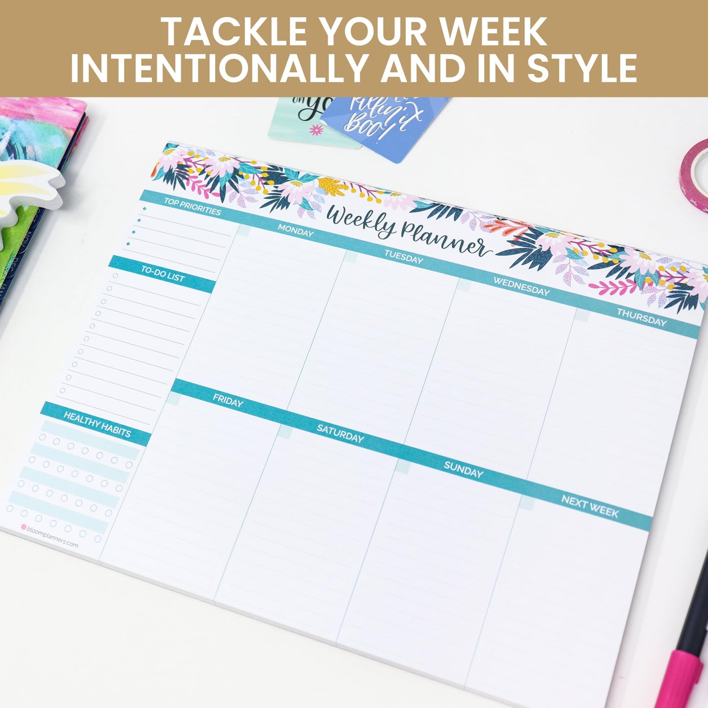 bloom daily planners Horizontal Weekly Tear-Off To Do List Planning Pad - Undated Notepad Organizer & Healthy Habit Tracker - 8.5” x 11” - Floral