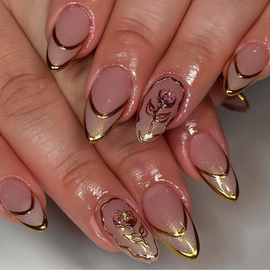 Hkanlre Almond Press on Nails Flower Tips Full Cover Medium False Nails Flower Nude Fake Nails for Women 24PCS