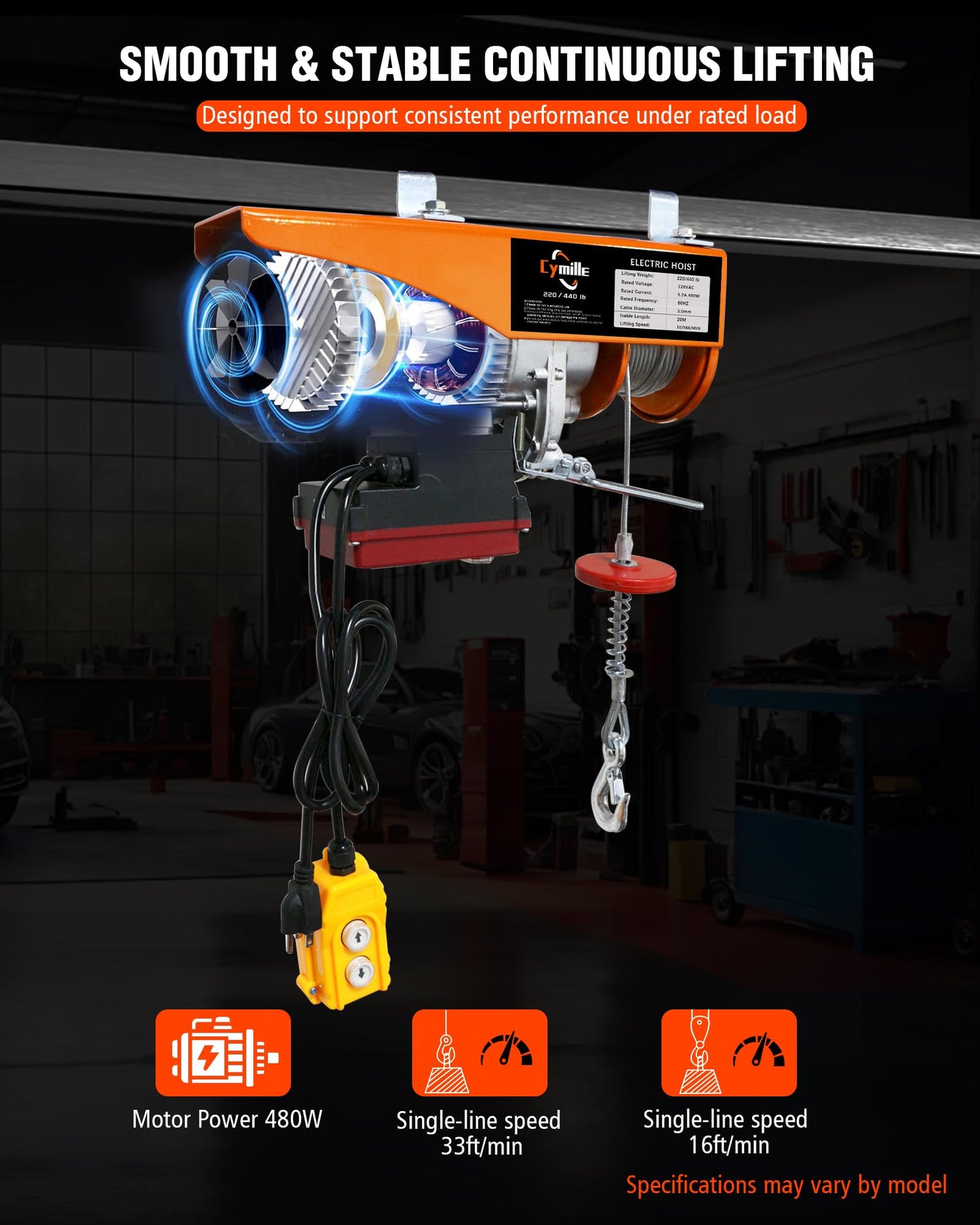 2 in 1 Electric Hoist with Remote Control, 440 lbs Capacity, Electric Hoist Winch 110V, 16ft/33ft/min Speed, 65.6 ft Lifting Height for Garage, Attic, Warehouse, Workshop, Factory