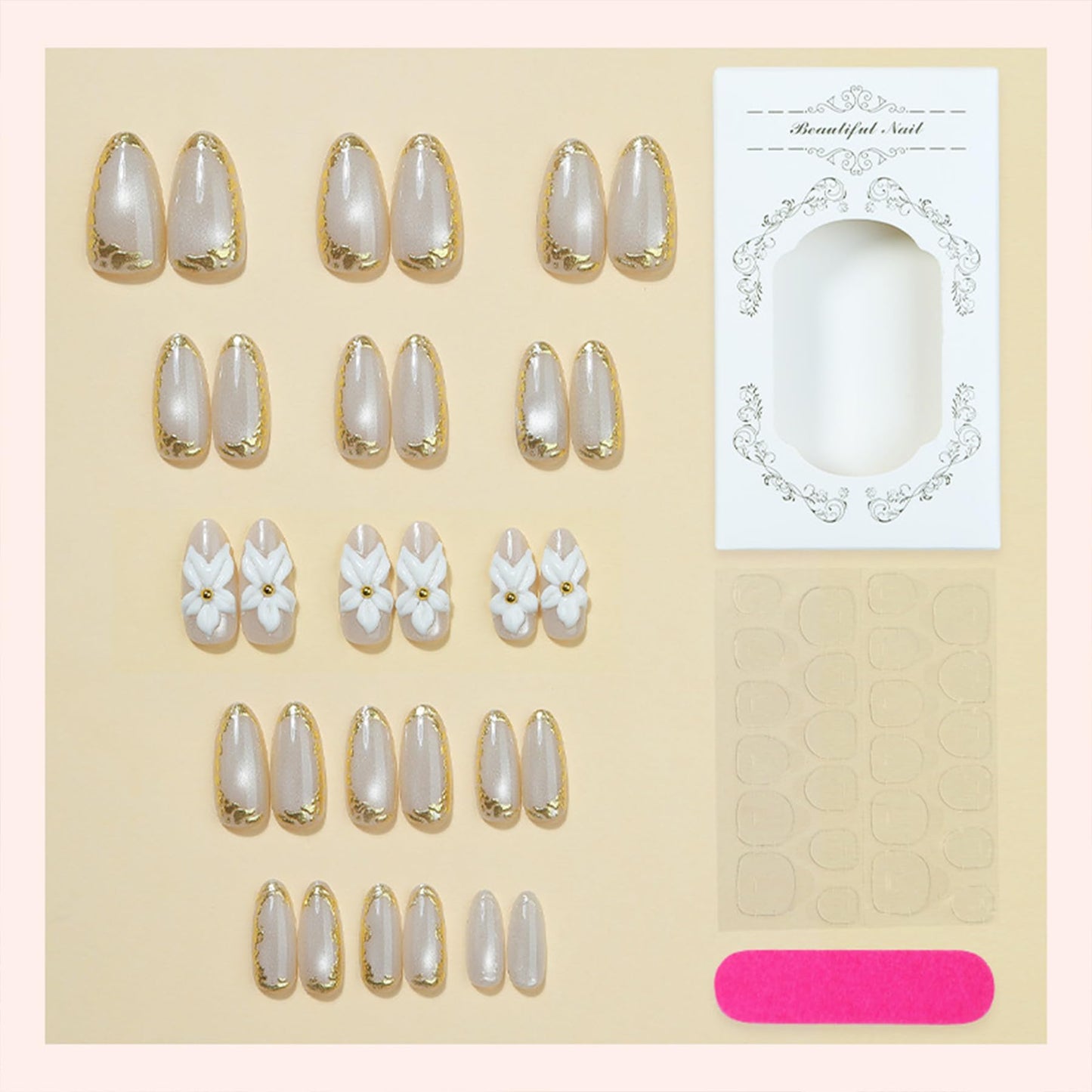Spring Press on Nails Medium Almond Fake Nails With 3D Floral Design Gold Cat Eye False Nails Press ons White Flower Summer Glue on Nails Full Cover Stick on Nails for Women 30 Pcs