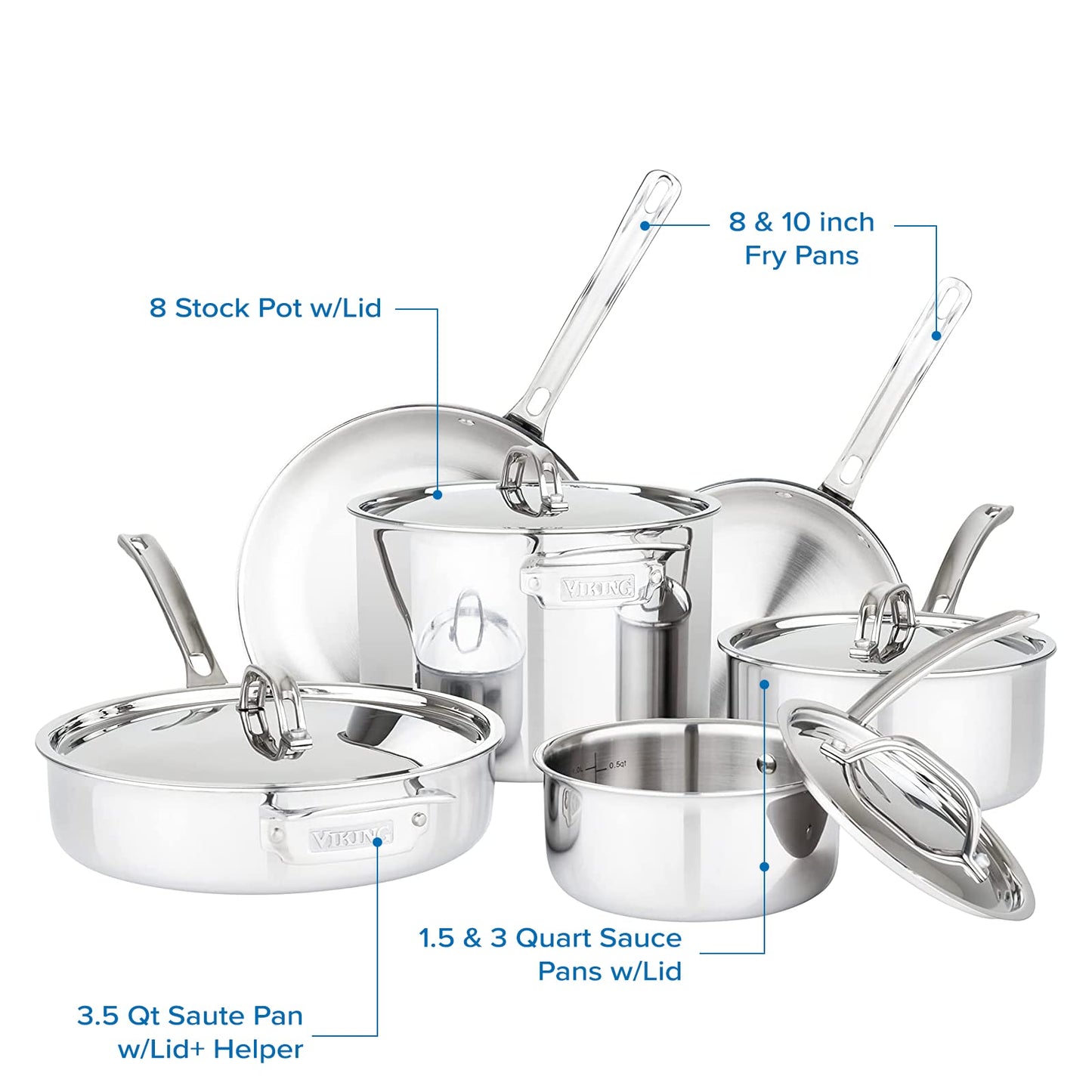 Viking Culinary 3-Ply Stainless Steel Cookware Set with Metal Lids, 10 Piece, Dishwasher, Oven Safe, Works on All Cooktops including Induction,Silver