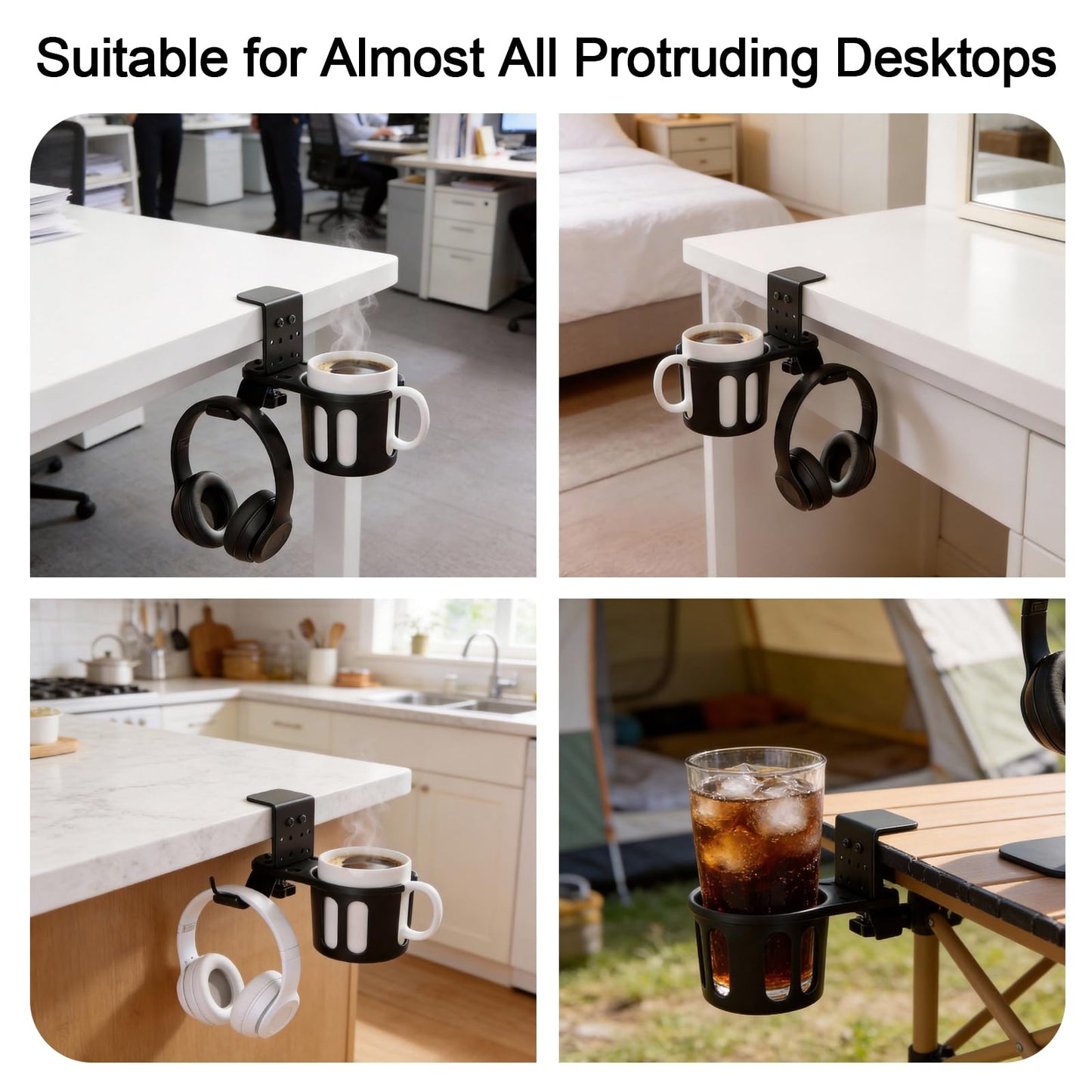 DecBeLiv 360° Rotating Cup Holder wiht Hook Under Desk Anti Spill Space Saving for Home Office Camping