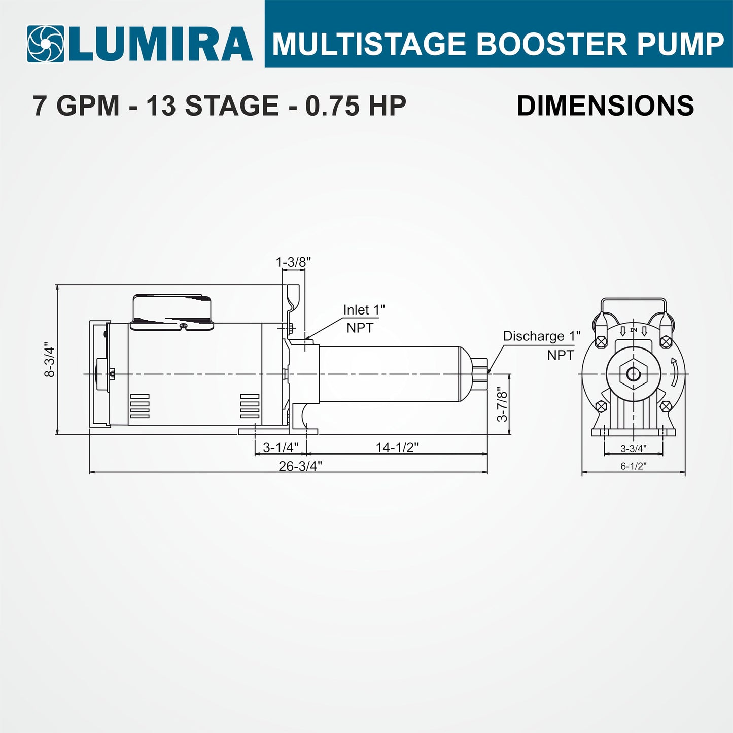 LUMIRA Multi stage booster pump - 07 GPM,13 STAGE, 0.75 hp, 115/230 Volts, 1 phase, 1" FNPT connections