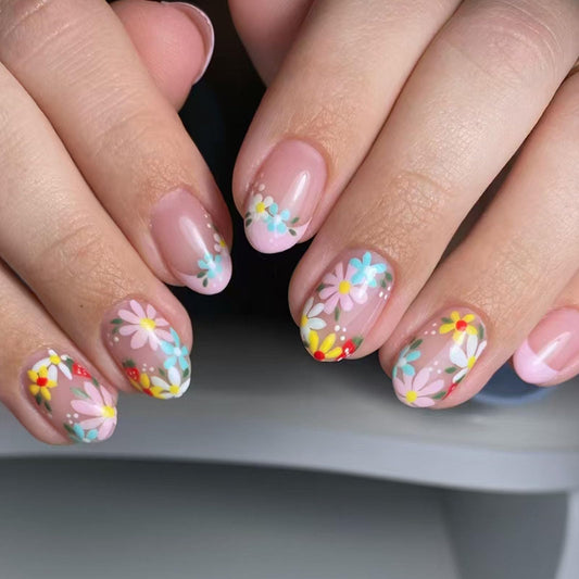 Pink French Tip Press on Nails Short Oval Fake Nails Nude Nails Press ons Glossy Glue on Nails Cute Acrylic Nails Summer False Nails with Colorful Flower Designs Stick on Nails for Women 24Pcs