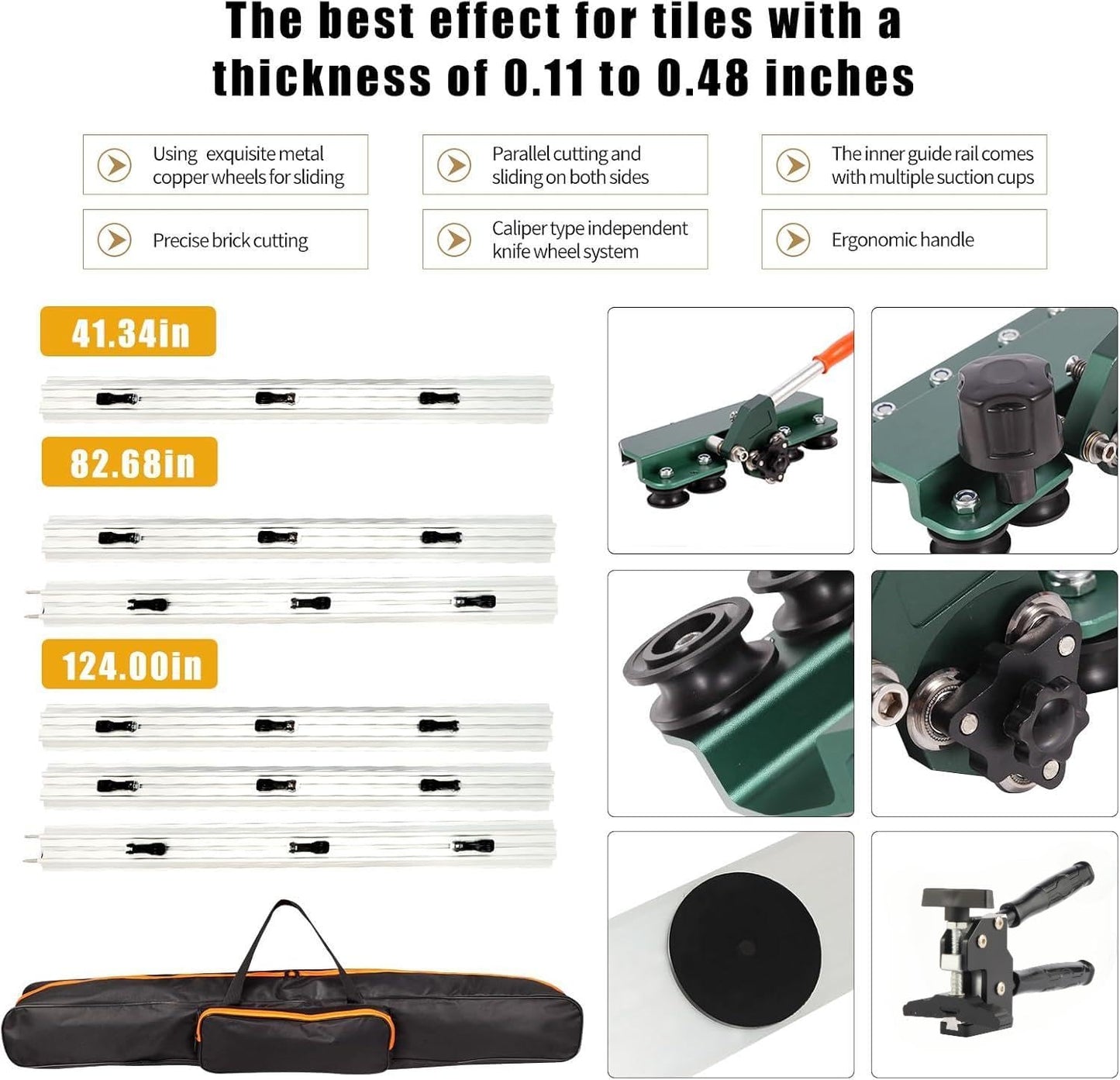 Manual Tile Cutter, Large Format Ceramic Tile Cutting Tool with Built-in Suction Cups & Tile Clamp, 3-Head Scoring Wheel System, for Up to 0.47-Inch Thick Tiles