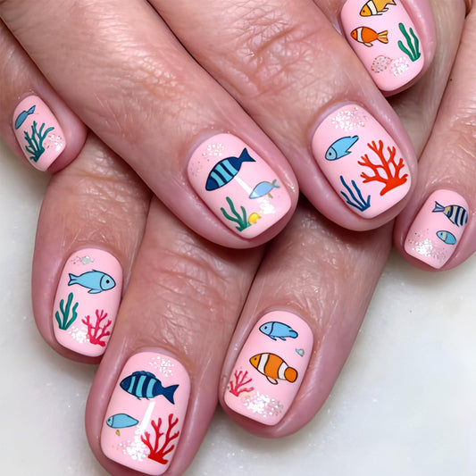 Spring Summer Press on Nails Short Square Fake Nails Pink False Nails with Sea Fish Coral Designs Glossy Glitter Stick on Nail Reusable Artificial Glue on Nails for Women Manicure 24Pcs