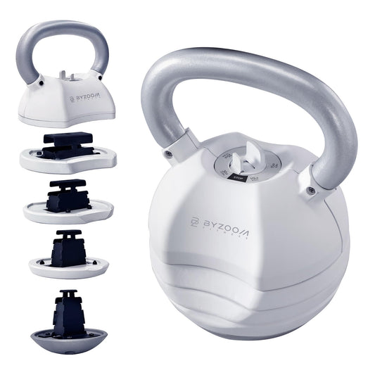 BYZOOM FITNESS Pure Series Adjustable Kettlebell 30LB - 5-IN-1 Weight Change, Patented Quick-Change Machenism, Ergonomic Curved Handle for Home Gym, Strength Training, HIIT, White