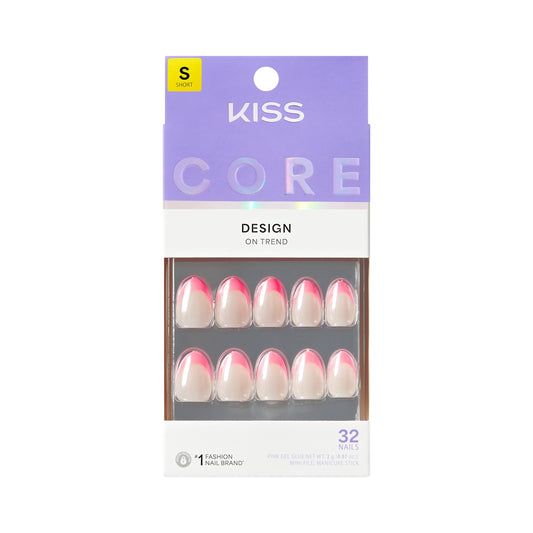 Kiss CORE, Press On Nails, Nail glue included, 'Shining Bright', Pink, Short Size, Almond Shape, Includes 32 Nails, 2g glue, 1 Manicure Stick, 1 Mini File