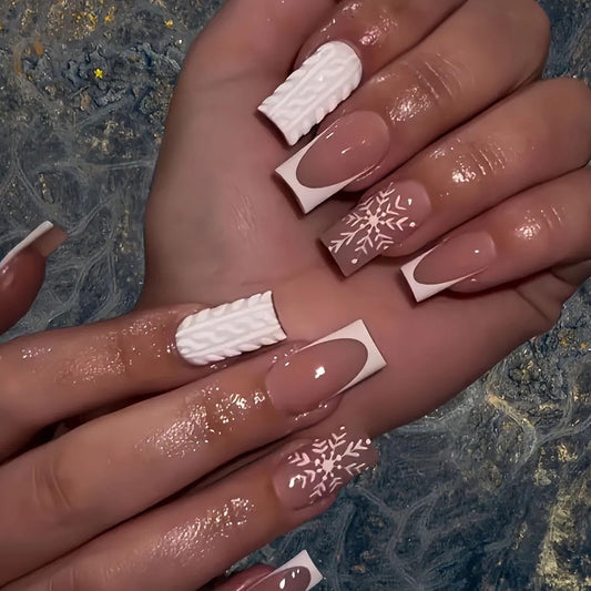 MISUD Press on Nails - Long Square Fake Nails with White French Tip, Acrylic Winter Snowflake Sweater Design 24 pcs