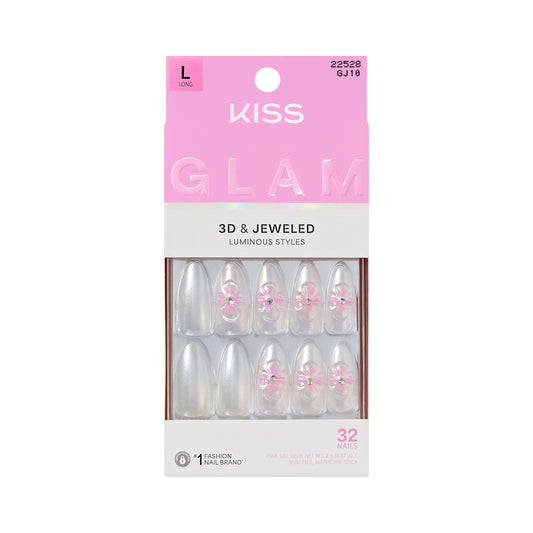 Kiss Glam, Press On Nails, Nail glue included, 'Captured', White, Medium Size, Almond Shape, Includes 32 Nails, 2g Glue, 1 Manicure Stick, 1 Mini File
