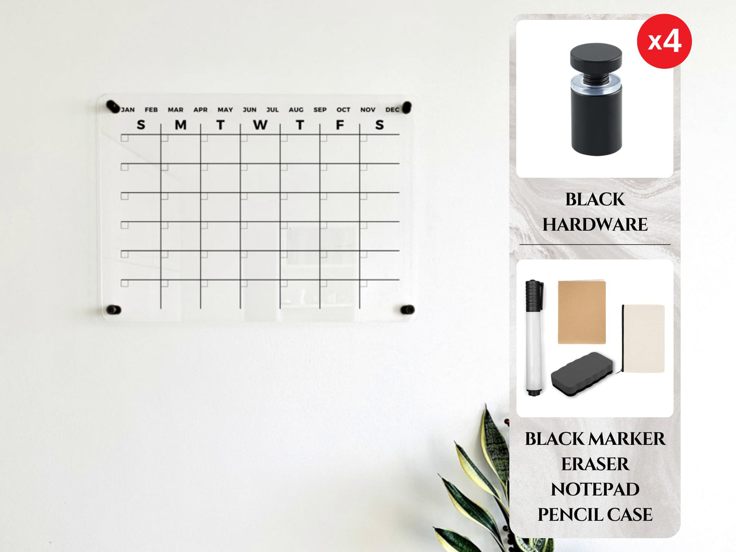 Acrylic Dry Erase Monthly Wall Calendar - Reusable Planner Board, Family Schedule Organizer, Office Schedule Board (Black Standoff, 24"x18")