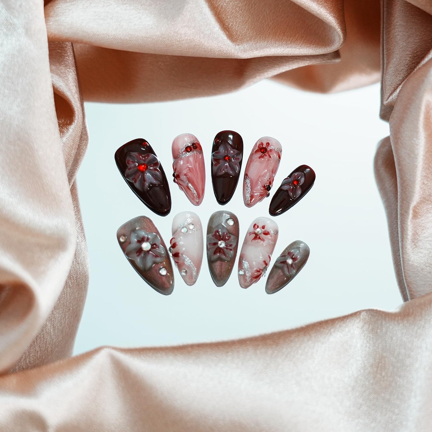 Tesytto Handmade Floral Press on Nails - Medium Almond 3D Embossed Rhinestones & Red Ombre, Thick Acrylic Gel Nails for Parties, Valentine's Day (Evil Flower,M)