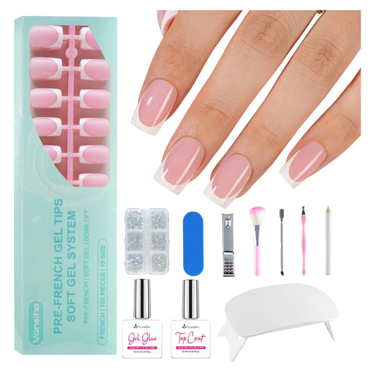 Vansiho Pink French Gel Nails Kit - Short Square French Tip Press on Nails, Nail Gel, Top Coat and Nail Lamp for Gift and Nail Art DIY