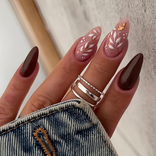 IMSOHOT Fall Press on Nails Medium Almond Fake Nails Fall Brown White Maple Leaf False Nails Glossy Full Cover Glue on Nails for Women 24Pcs