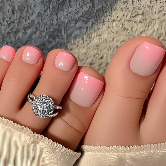 IMRAIN Summer Press on Toenails Short Square Fake Toe Nails Pink Nude Gradient Glue on Toe Nails Full Cover Glossy Acrylic False Toenails Decorations for Women Girls 24Pcs