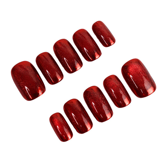 Handmade Medium Squoval Magnetic Cat Eye Press-On Nails | Chrome Finish (Gold, Ruby Red or Silver) | Reusable Glossy Gel Look (Red Mirror Cat Ehye, M Medium Squoval)