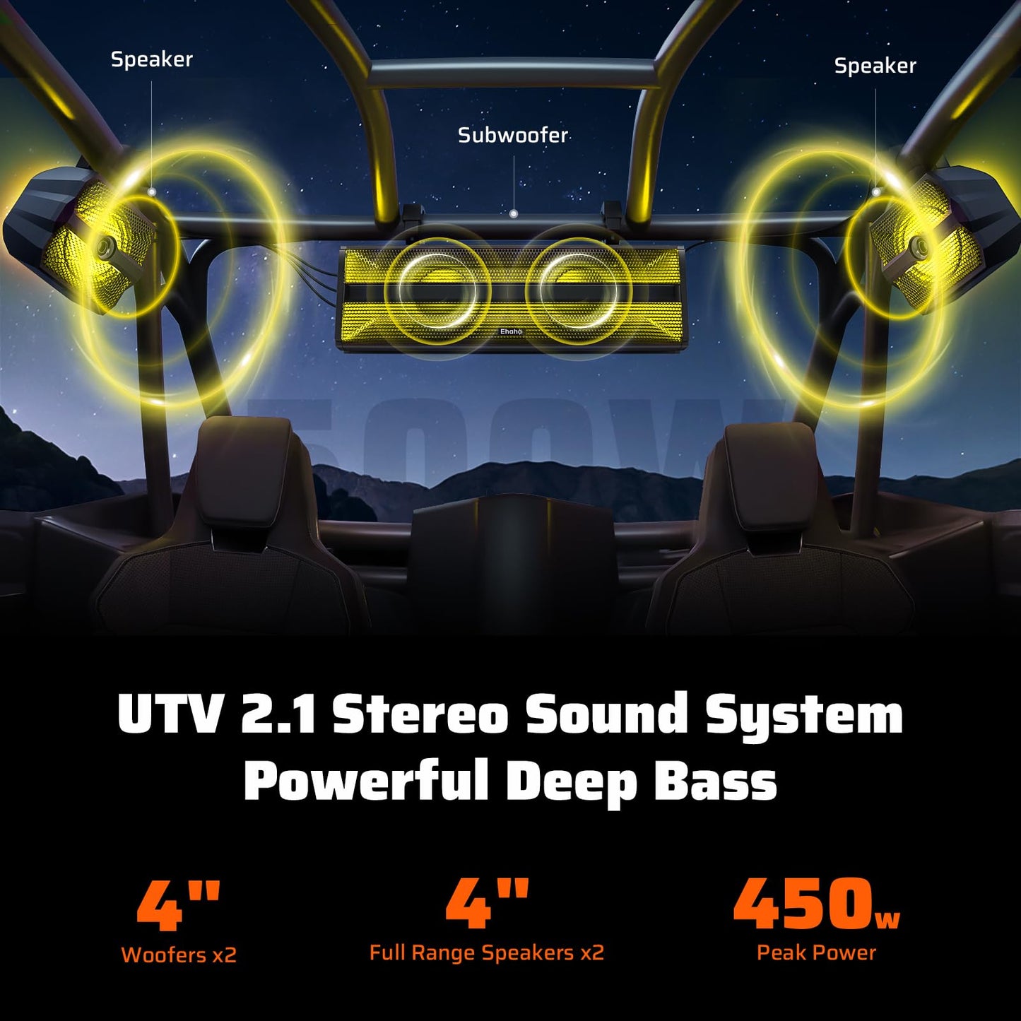 Ehaho 2.1CH Stereo UTV Sound Bar (Subwoofer) and Speakers, 16 Inch Bluetooth ATV Soundbar with RGB Lights, Waterproof Golf Cart Speakers, Marine Sound bar Compatible with SXS Polaris RZR Can-Am