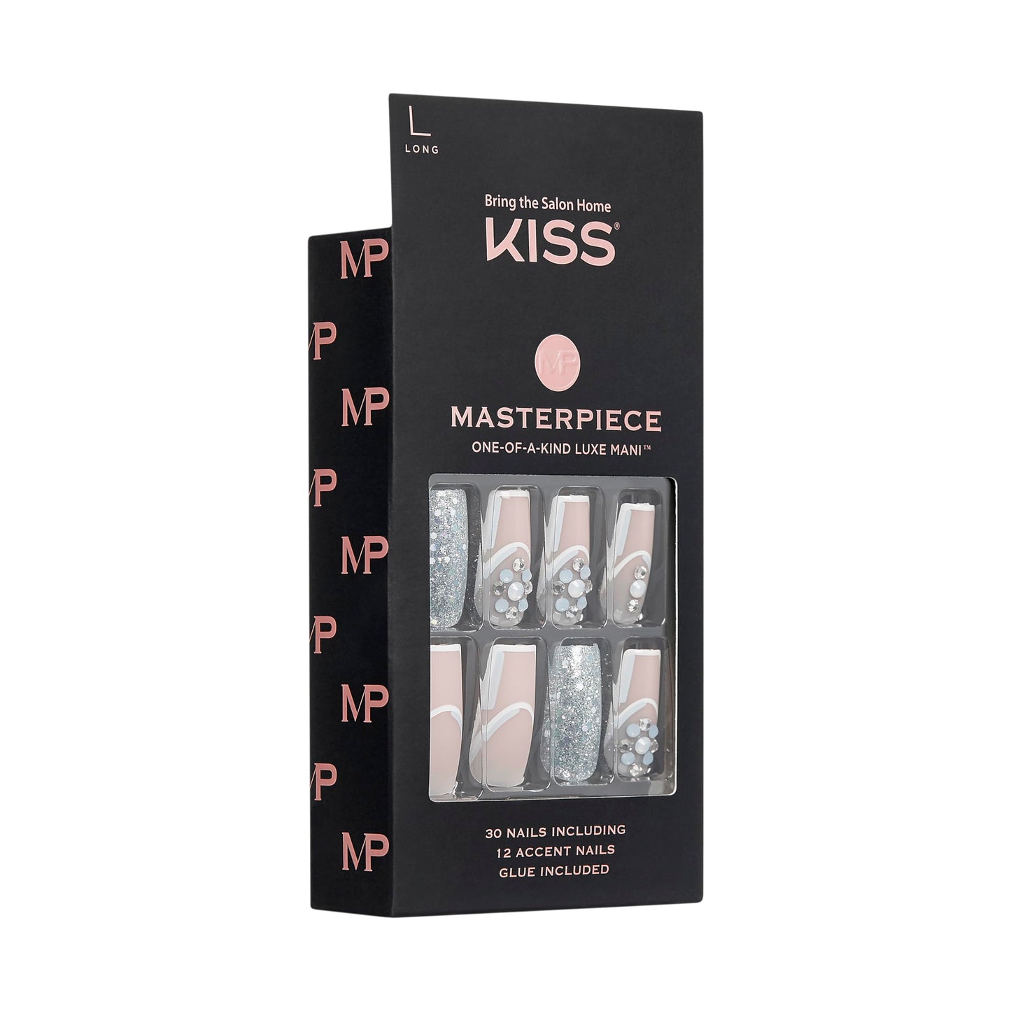 KISS Masterpiece One-Of-A-Kind Luxe Manicure – Long, Square - Members Only, Waterproof, Durable, Flexible, No Damage, Trendy & Intricate Nail Art From Home, Lasts Up to 7 Days | 30 Count