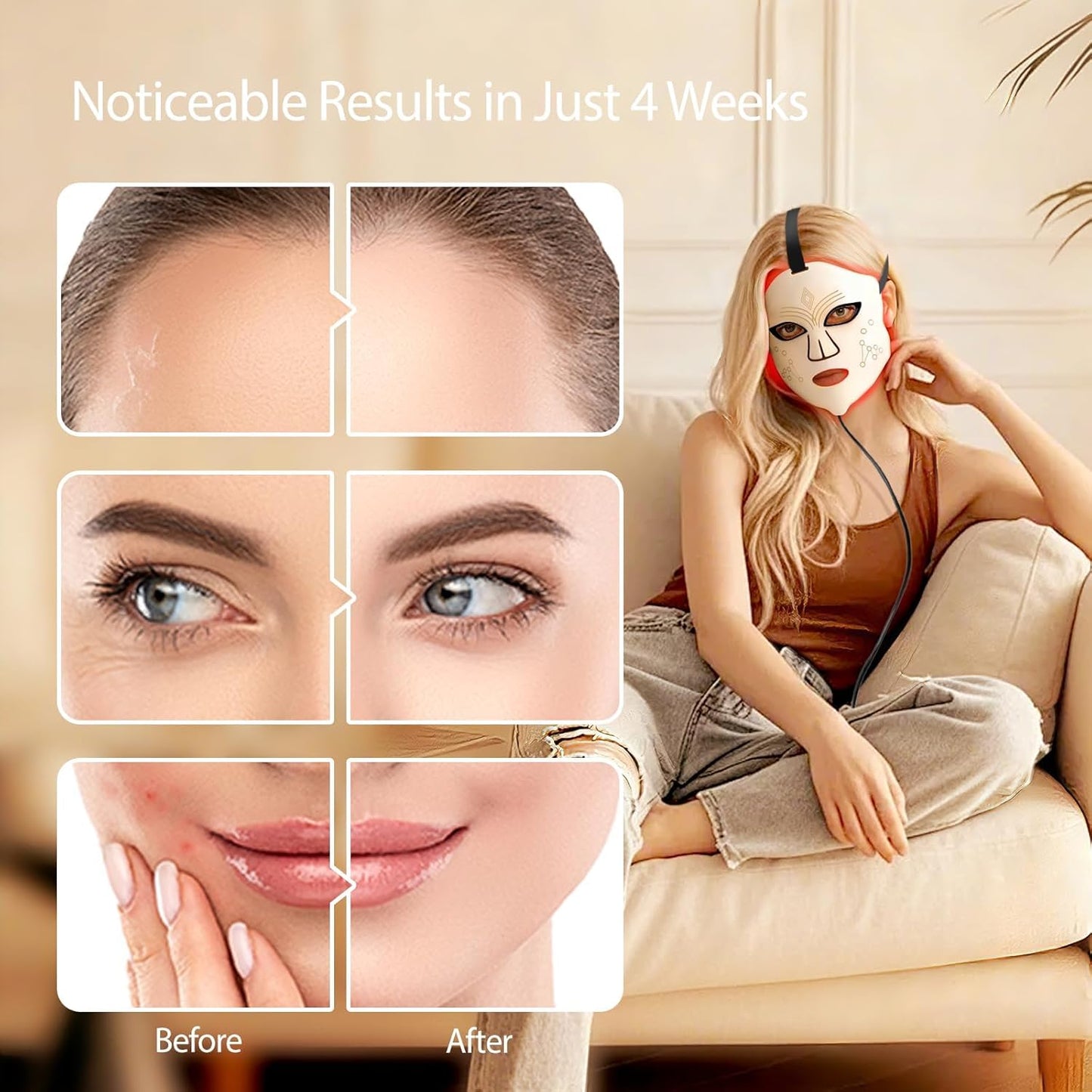 Red Light Therapy Mask for Face, LED Face Mask Light Therapy Device with 4 Modes, 850nm Infrared Red & Blue Light, Rechargeable Portable Home Skincare Tool with Timer for Women & Men