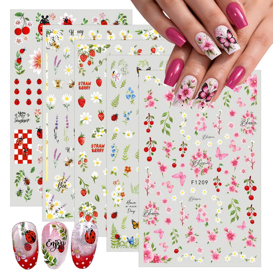5 Sheets Spring Nail Stickers 3D Self-Adhesive Flower Nail Art Stickers Floral Nail Decals with Leaves Butterfly Ladybug Strawberry Bee Design for Women Spring Summer DIY Nail Decor