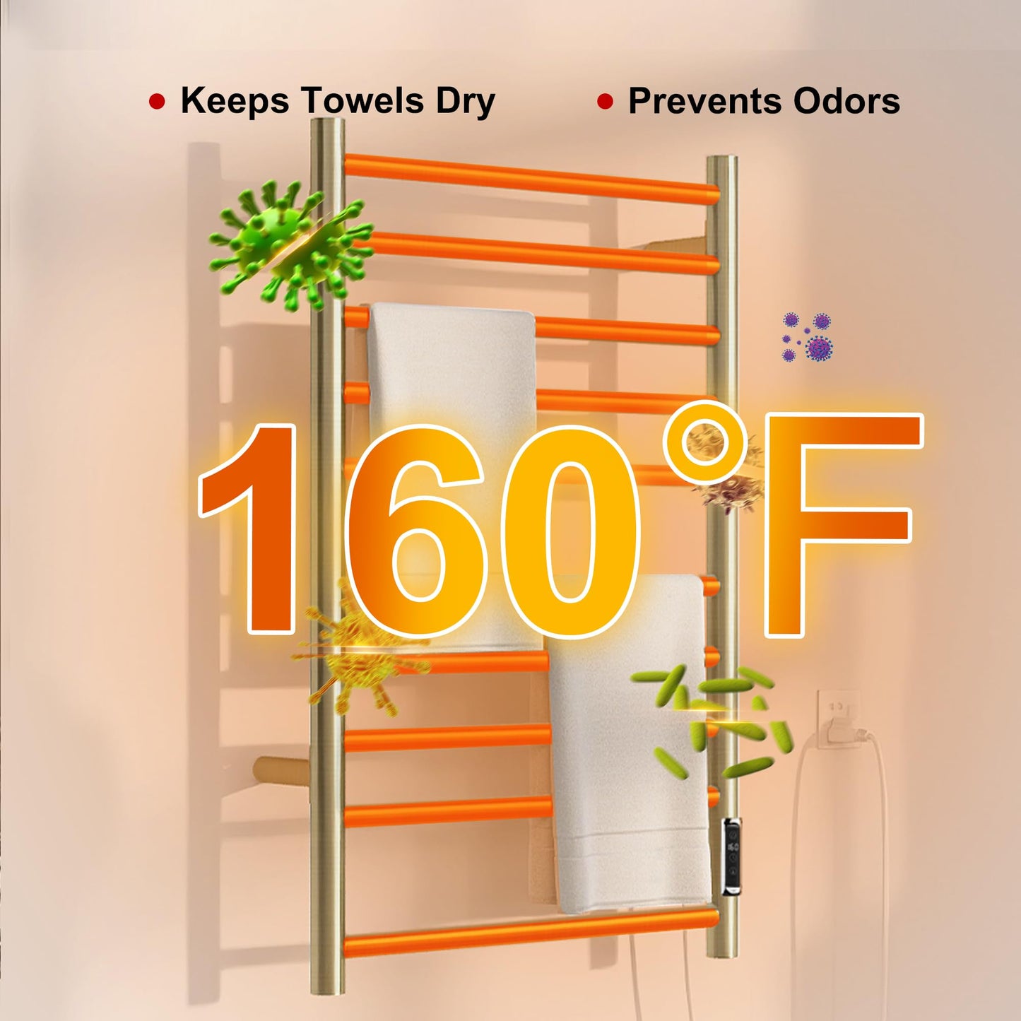 BLARALA Heated Towel Racks for Bathroom, Wall Mounted Electric Towel Warmer Racks with Timer & Temperature Control, 10 Bar Stainless Steel Towel Heater for Bathroom，Brushed Gold