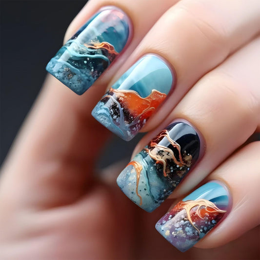 Square Press on Nails Medium Fake Nails with Lines Designs Glossy Nails Press ons Blue Gradient Black Glue on Nails Summer Acrylic Artificial Stick on Nails for Women 24Pcs