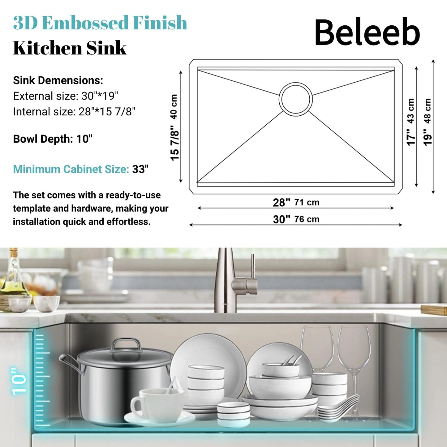 Beleeb 30" x 19" Kitchen Workstation Sink - 10" Deep Basin, 3D Embossed Undermount, Scratch Resistant Stainless Steel
