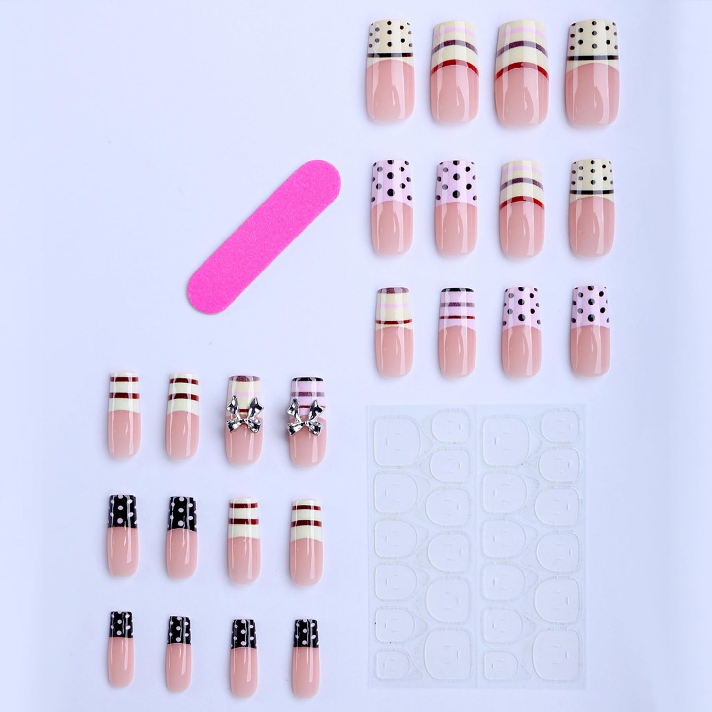 octoswave 3D Bow Press on Nails with Stripes and Polka Dots, Medium Square Acrylic Glue on Nails for Wedding Party Dating, 24Pcs
