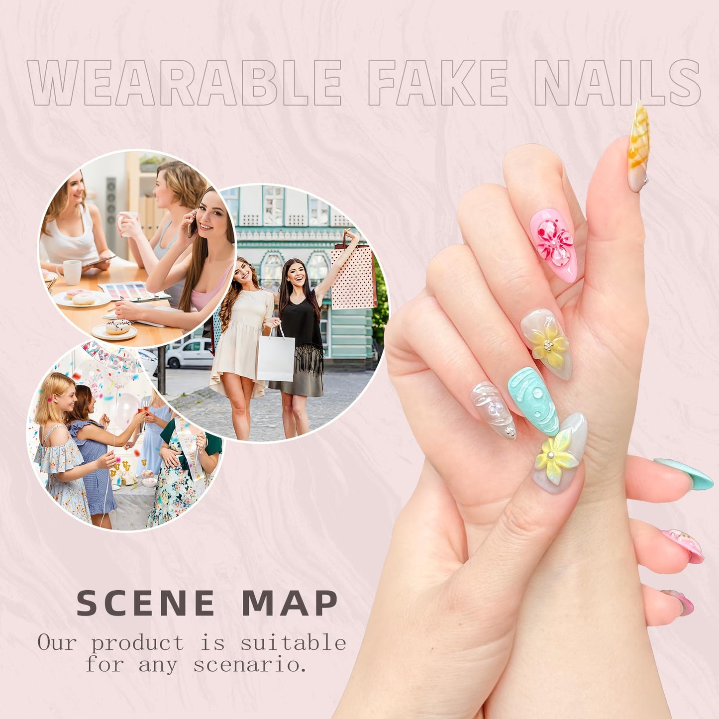 Luxury Handmade Press-On Nails – Medium Almond 3D Flower & Pearl French Tip, Blue Ocean Spring Pattern Reusable Acrylic False Nails (S-10PCS)